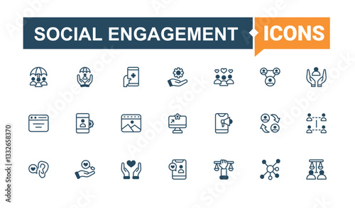 Social Engagement icons set in linear style. Contain linear sign for support, care, friends, team, society and more. Social icon set. Thin line and solid style icons. Minimal icon pack.