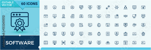 Software minimal icon set. Containing tool, website, cyberspace, app, program, development, programming and more. Thin linear style icons. Web icon. Minimalistic icon collections.