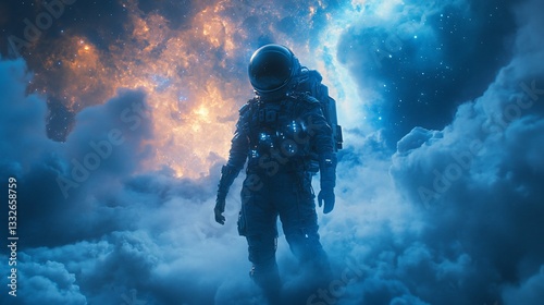 Wallpaper Mural Spaceman stands amidst clouds, colorful nebula backdrop. Cosmic exploration adventure Torontodigital.ca
