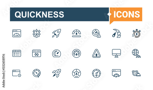 Quickness icons. It contains symbols to speed, rapid, power, fast, race, velocity, run and more. Speed line icons. Icons for design. Vector line and solid icons.