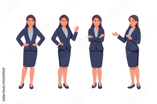 Young business woman standing in different poses. Isolated vector illustration set