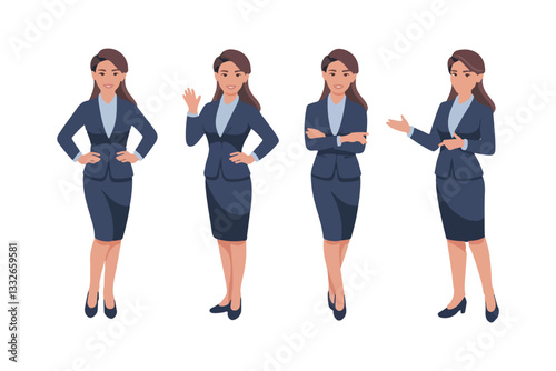 Young business woman standing in different poses. Isolated vector illustration set