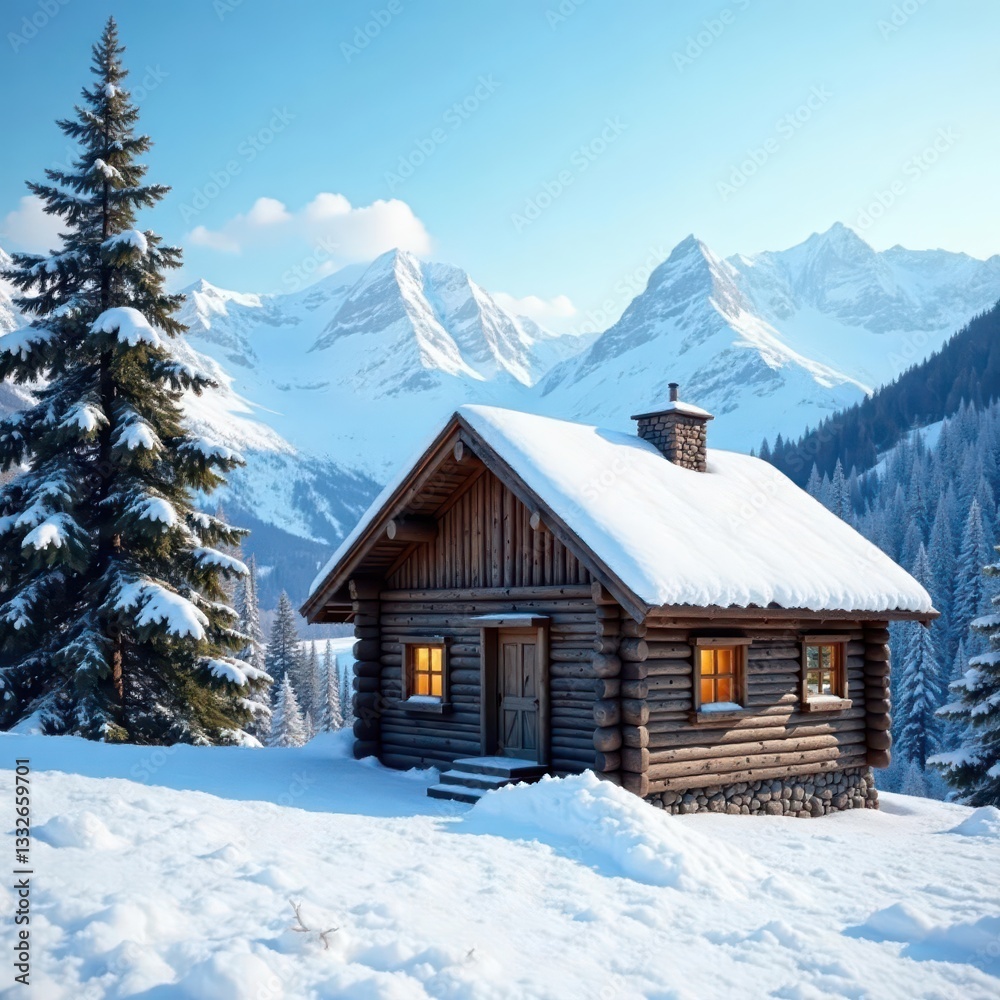 Rustic wooden cabin, snow-covered mountain backdrop, remote, vacation, magnificent Rustic wooden cabin, snow-covered mountain backdrop, remote, vacation, magnificent