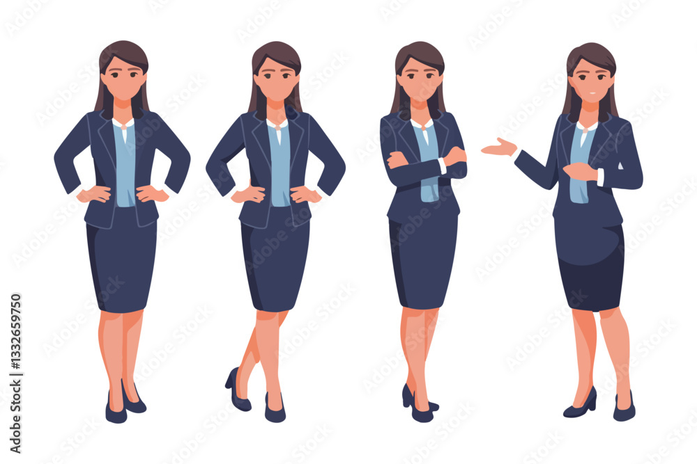 Young business woman standing in different poses. Isolated vector illustration set Young business woman standing in different poses. Isolated vector illustration set