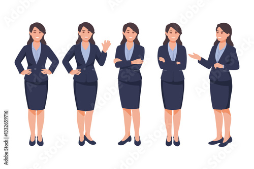 Young business woman standing in different poses. Isolated vector illustration set