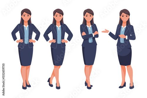 Young business woman standing in different poses. Isolated vector illustration set