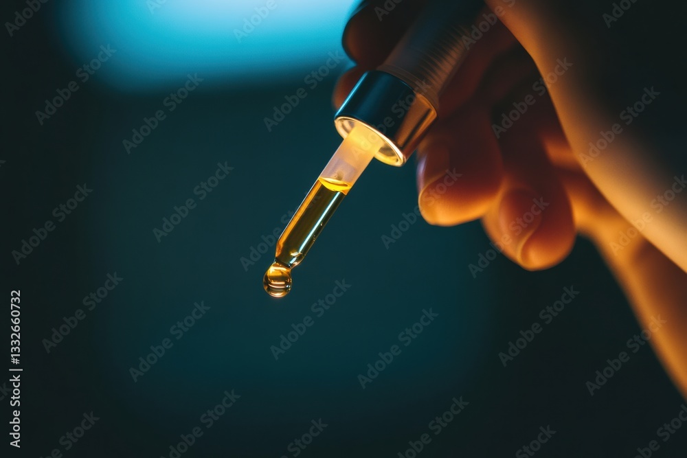 Hand holding pipette with serum droplet poised above skin in a professional skincare setting, showcasing precision and care Generative AI Hand holding pipette with serum droplet poised above skin in a professional skincare setting, showcasing precision and care Generative AI
