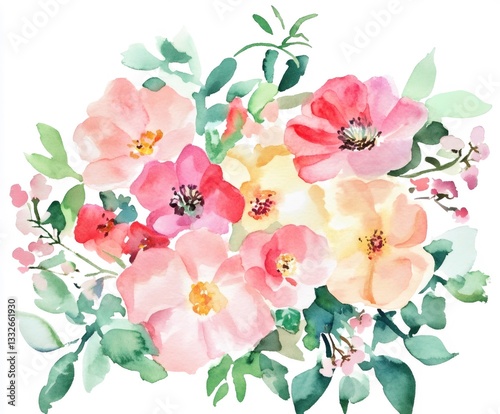 Fototapeta Naklejka Na Ścianę i Meble -  Watercolor painting featuring a bouquet of pink and yellow flowers with green leaves
