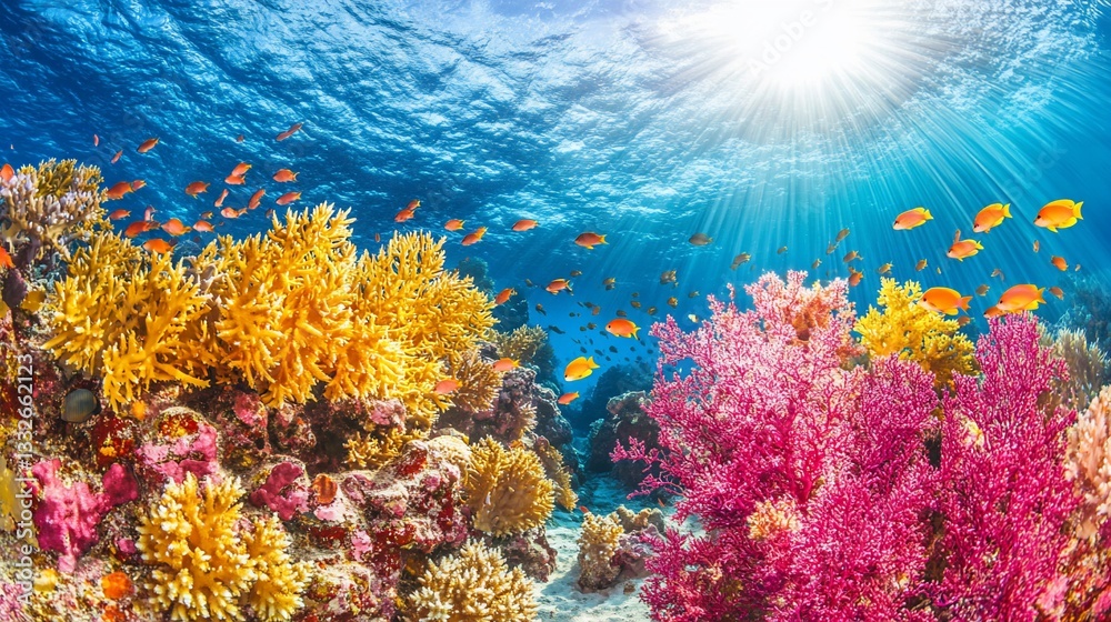 Naklejka premium Vibrant coral reef teeming with colorful fish in a sunlit underwater scene