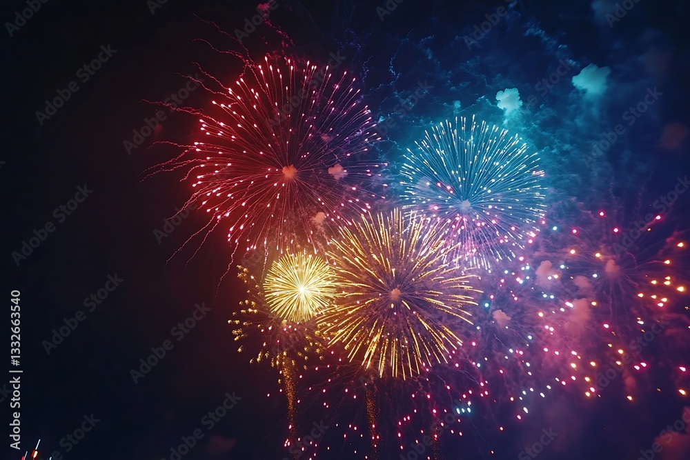 Spectacular Red Yellow Blue Fireworks Explosion
