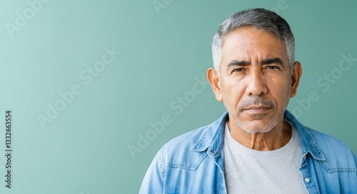 Mature hispanic male in denim shirt against teal background