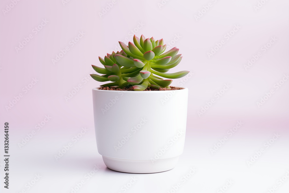 Obraz premium Succulent plant in a modern white pot against a soft pink background, highlighting the vibrant greenery and texture, ideal for home decor and gardening inspiration.