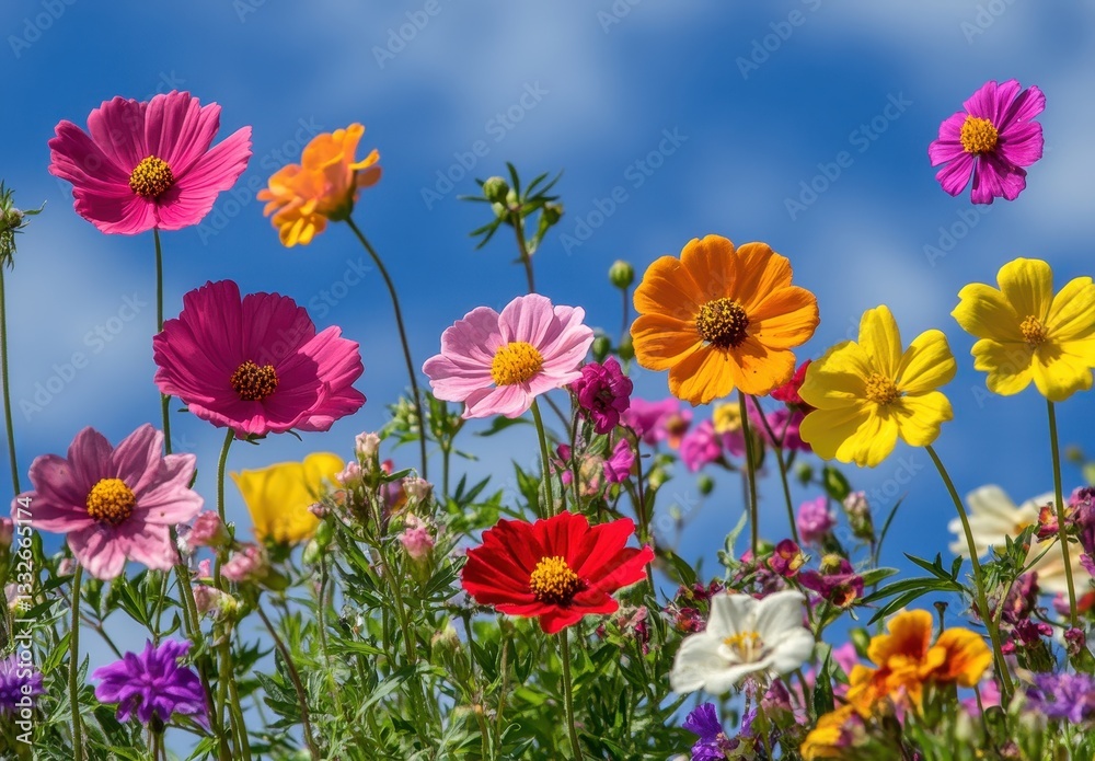 Fototapeta premium Colorful Wildflowers Blooming Under Bright Blue Sky with Fluffy White Clouds, Creating a Cheerful and Vibrant Scene in a Nature Setting