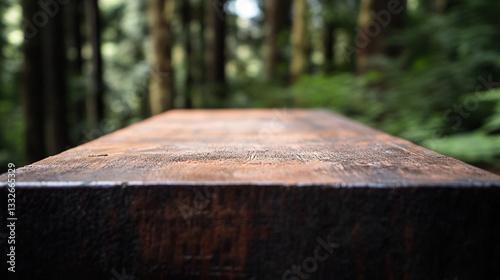 Empty rustic wooden table close-up in green forest in the shadow of lush green forest, sun rays break through. For product display, branding, advertising, packaging,nature backgrounds with copy space.