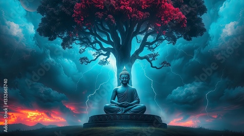 Serene Buddha Statue Under Stormy Tree Digital Art