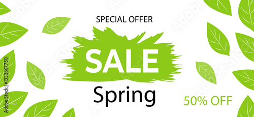 Spring sale offers 50 percent off on select items for a limited time in a vibrant design with green leaves