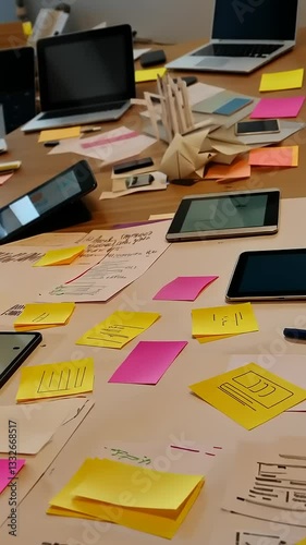 Teamwork Brainstorming Session: A Collaborative Workspace Filled with Sticky Notes, Tablets, and Laptops