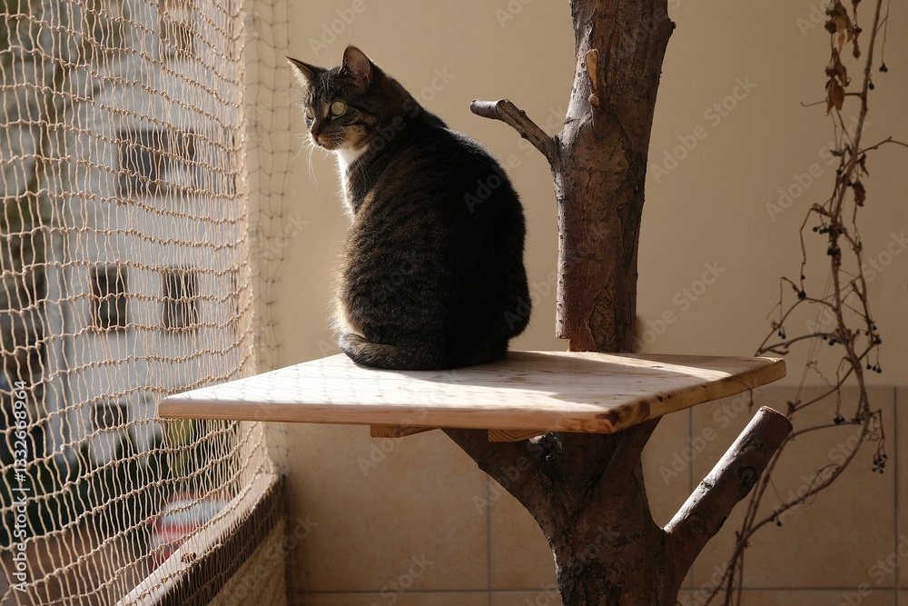 The cat is sitting in a tree on a balcony secured with a net