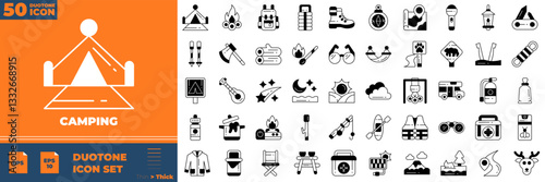 Camping Duotone Editable Icons set. Vector illustration in modern thin duotone style of camping icons: Camp, tent, fishing, nature, picnic table, etc