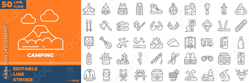 Camping Line Editable Icons set. Vector illustration in modern thin line style of camping icons: Camp, tent, fishing, nature, picnic table, etc