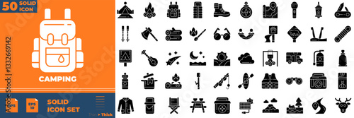 Camping Solid Editable Icons set. Vector illustration in modern thin solid style of camping icons: Camp, tent, fishing, nature, picnic table, etc