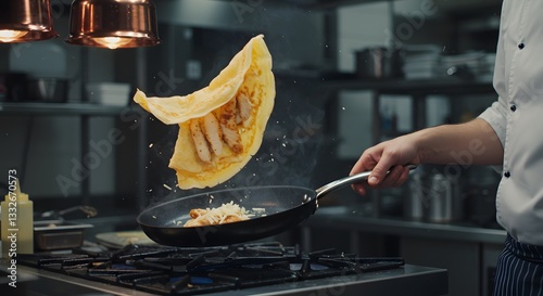 Delicious chicken crepe preparation in modern kitchen setting egg hot food chef meal toss tasty lunch