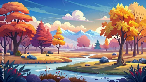 Autumn nature landscape with clear sky and colored tree. Cold meadow with hoarfrost on grass in november morning. Amazing fall. Vibrant panoramic view 