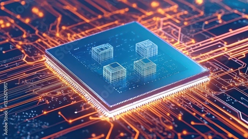 An artistic depiction of a futuristic microchip with three glowing cubes overlaying a complex digital circuit, symbolizing advanced technology and innovation.