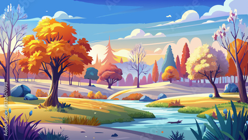 Autumn nature landscape with clear sky and colored tree. Cold meadow with hoarfrost on grass in november morning. Amazing fall. Vibrant panoramic view 