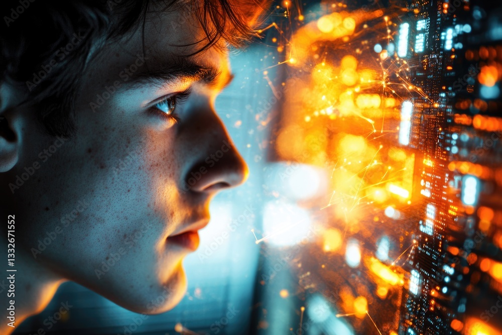 Young man gazes at a vibrant digital interface, sparks of data flying around him, showcasing the power of technology. Young man gazes at a vibrant digital interface, sparks of data flying around him, showcasing the power of technology.