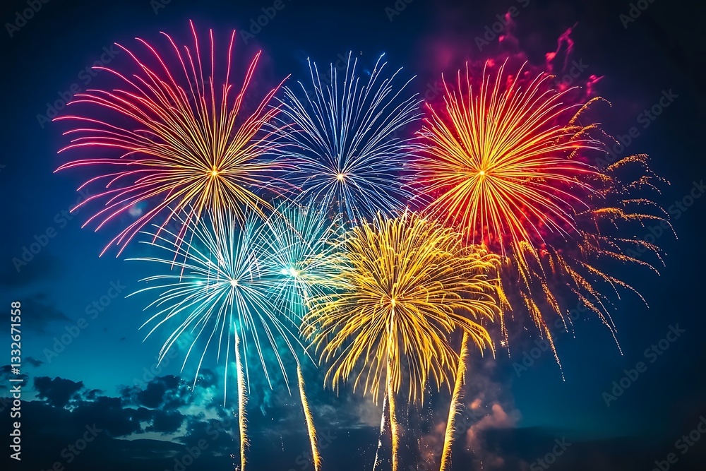 Vibrant Fireworks Explosion Night Sky Festive Event