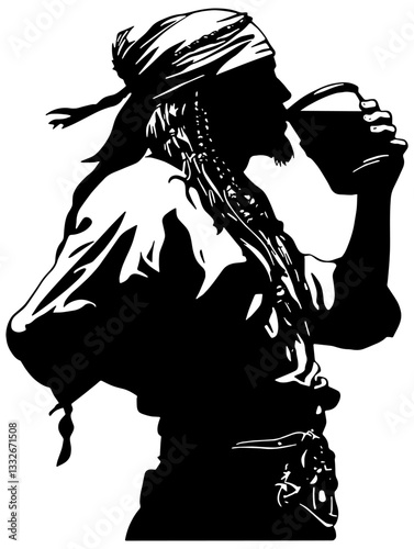 Profile silhouette of a Pirate drinking out of a glass 
