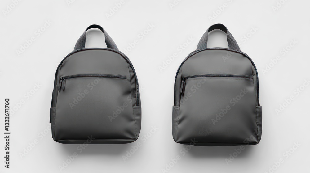 Fototapeta premium Two Gray Backpacks on White Background Minimalist Style Fashion Item
