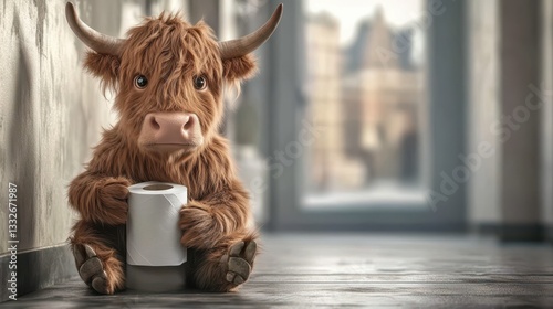 This charming image features a fluffy Highland cow holding a roll of toilet paper, bringing humor and warmth to any space. The background is softly blurred, focusing on the cow.