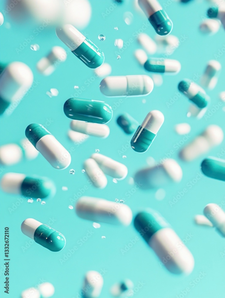 Floating Pill Capsules with Water Droplets on Blue Background for Healthcare