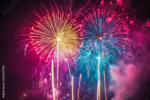 Obraz na płótnie Vibrant Fireworks Light Burst Nighttime Background w salonie