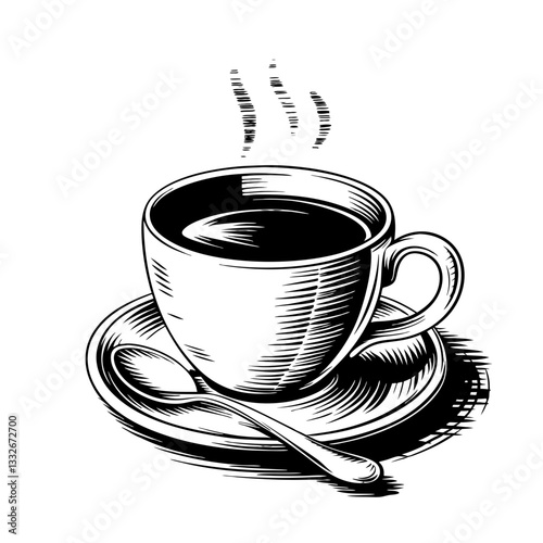 Stylized black and white illustration of a steaming cup of coffee on a saucer with a spoon