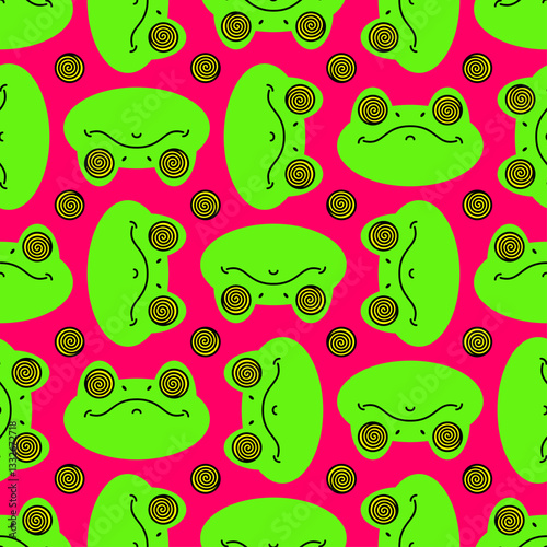 Hypnotoad pattern seamless. Toad with spiral eyes for hypnotizing background. Ornament of kids fabric