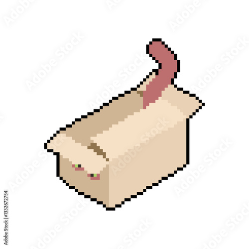 Cat in box pixel art. 8 bit Pet sits in box and sticks out its tail