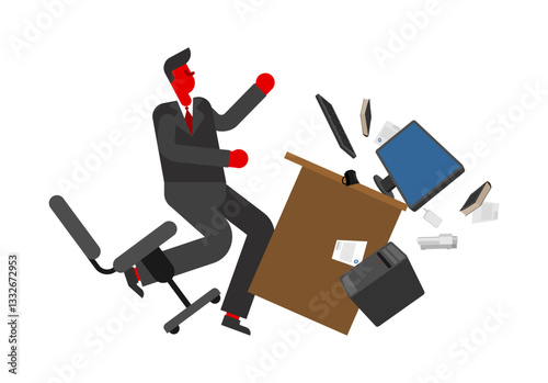 Angry manager throws table. Angry director flips desk. Concept burnout at work