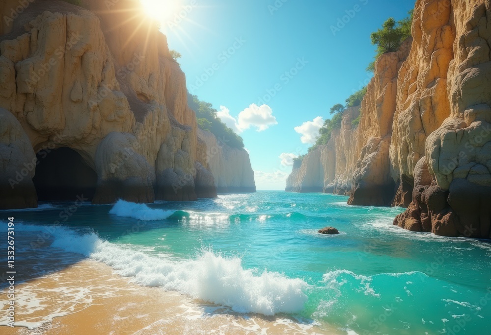 Fototapeta premium stunning coastal rock formations surrounded gentle waves under bright blue sky captured vibrant colors textures, beach, coastline, ocean, surf, shore