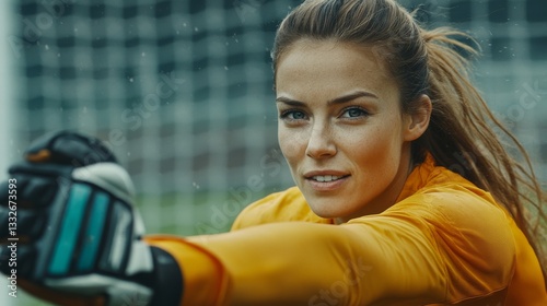 Female goalie with focus gazes in yellow uniform and soccer gloves in front of goal net.
