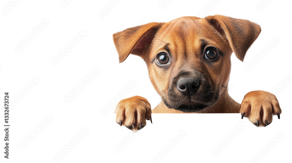 Curious puppy peering over the edge of blank banner, cut out. Isolated on a transparent background. Curious puppy peering over the edge of blank banner, cut out. Isolated on a transparent background.