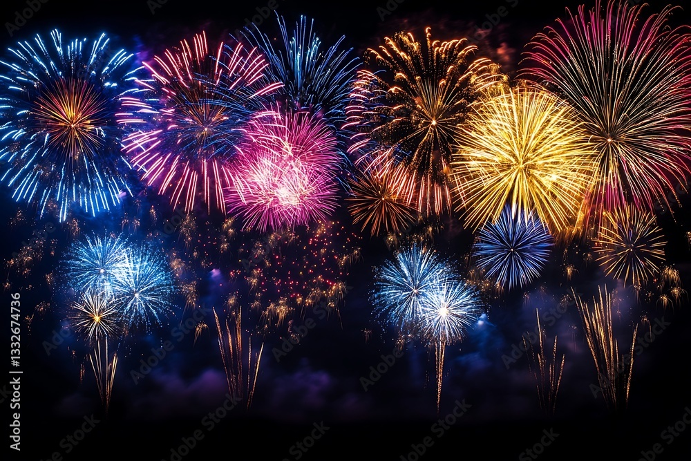 Vibrant Pink and Blue Fireworks Explosion in Night Sky