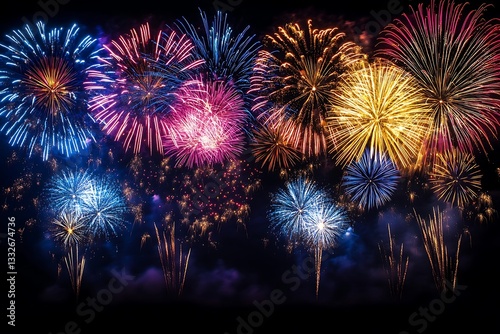 Obraz na płótnie Vibrant Pink and Blue Fireworks Explosion in Night Sky w salonie