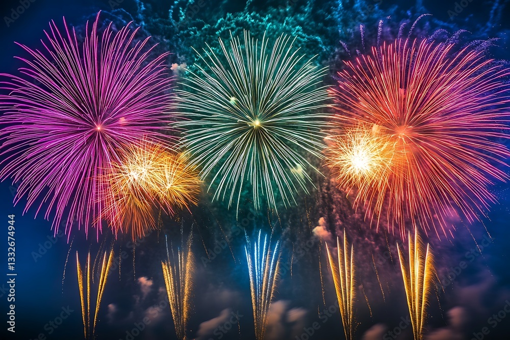 Vibrant Pink Blue Fireworks Night Burst Celebration