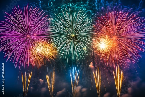 Obraz na płótnie Vibrant Pink Blue Fireworks Night Burst Celebration w salonie