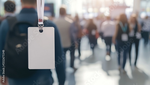 Blank name mock-up badge hanging in front of blurry crowd at business event or conference