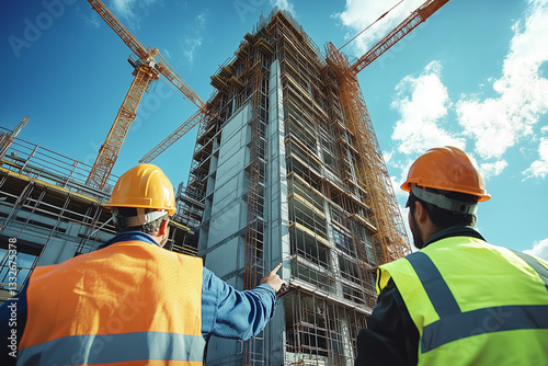 two builders discuss a project near a house under construction