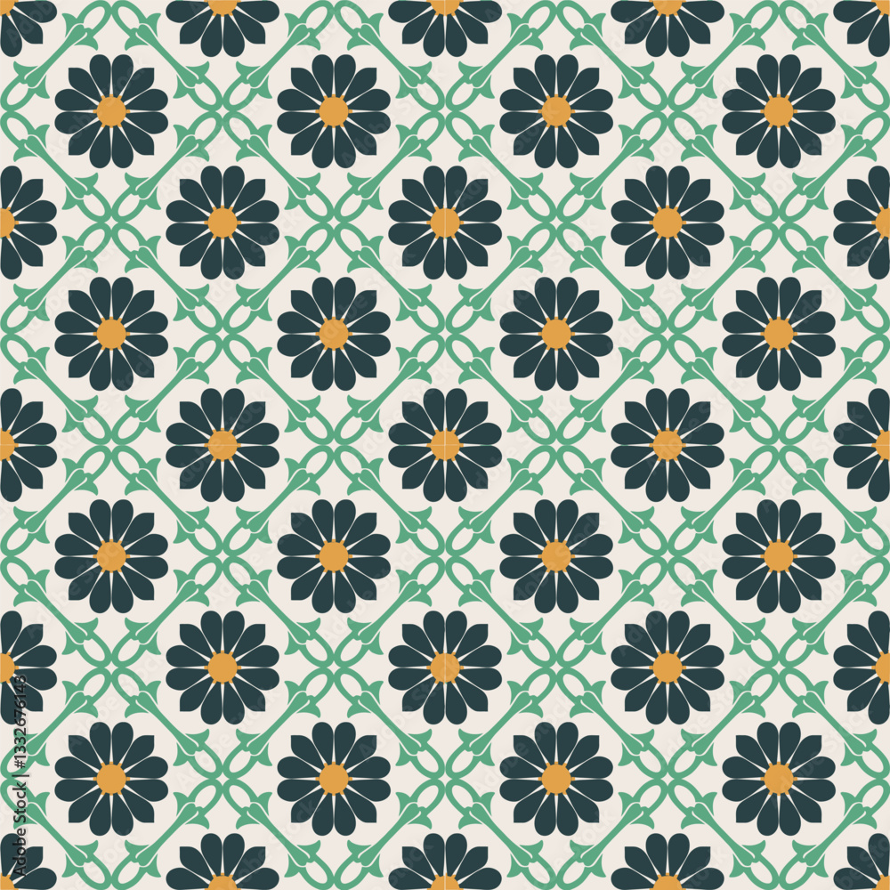 Floral Diamond Pattern Seamless Tile Design in Soft Green and Gold Floral Diamond Pattern Seamless Tile Design in Soft Green and Gold